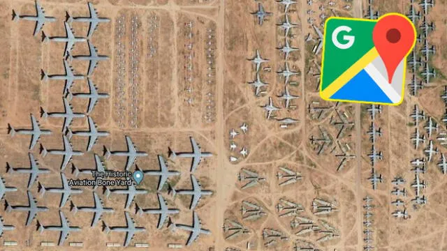 Desliza las imágenes para ver cómo luce el 'cementerio' de aviones ubicado en Arizona, Estados Unidos. Foto: Google