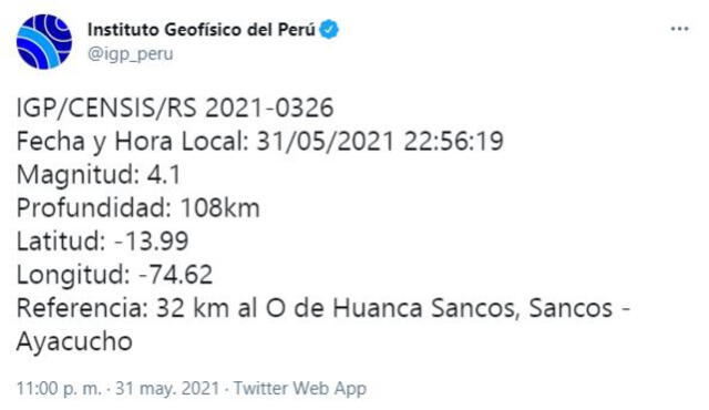 Datos del temblor en Ayacucho. Foto: captura Twitter
