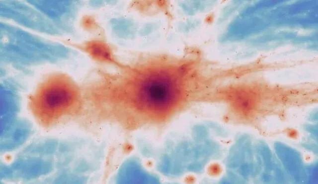 La imagen muestra filamentos en un cúmulo de galaxias masivo utilizando la simulación C-EAGLE. Crédito: Science.