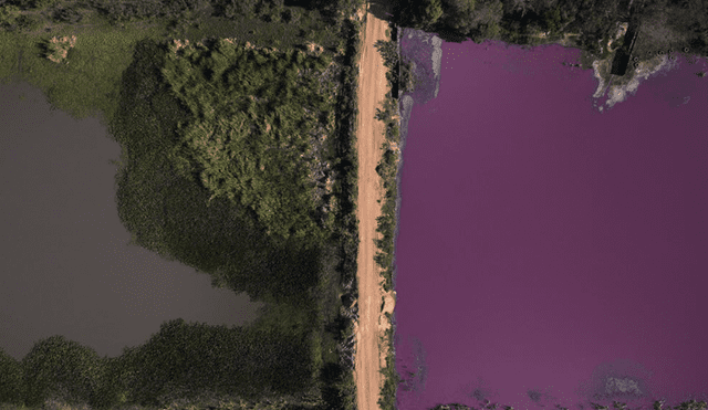 Un camino divide la laguna en el que se observa uno de color rojo y el otro de color azul. Foto: AFP