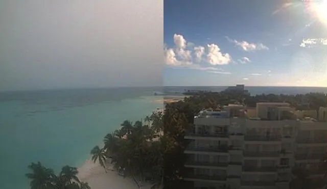 A la izquierda una imagen tomada a las 08:00 a. m. de este 24 de junio desde el hotel Ixchel Beach, en Isla Mujeres; a la derecha, una captada en el mismo lugar y a la misma hora, el 16 de junio. Foto: Webcams de México