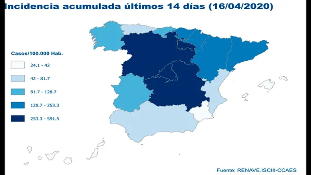 Incidencia acumulada de casos de coronavirus en España en los últimos 14 días hasta el 16 de abril de 2020. (Foto: Ministerio de Sanidad de España)