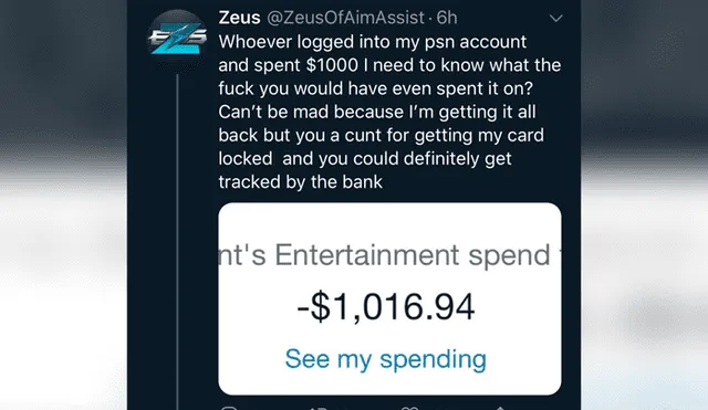 Zeus, un usuario de PS4, expresó en Twitter su molestia al descubrir que su cuenta de PS Plus fue "hackeada" y que habían gastado más de 1000 dólares.