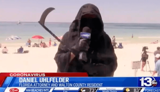 Daniel Uhlfelder se disfrazó de “La Muerte” y recorrió las playas para espantar a los bañistas que violen cuarentena. (Foto: Captura)