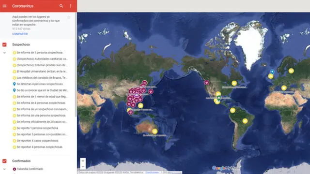 El mapa en tiempo real de Google Maps que sigue el avance del coronavirus.