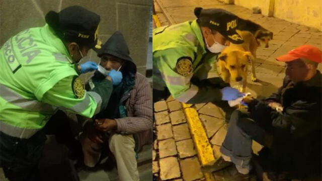 Ancianos e indigentes recibieron bebida caliente y emparedado de parte de la Policía en Cusco.
