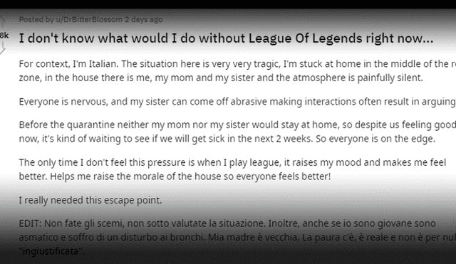 Gamer confesó que en su casa se vive un ambiente penoso, pero que League of Legends ayuda a todos a levantar los ánimos.