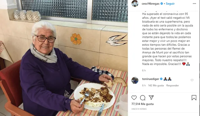 La emotiva carta de Fabregas a su bisabuela que superó el coronavirus con 95 años