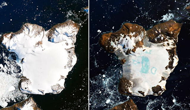 Isla Águila en la Antártida, vista desde el espacio el 4 y 13 de febrero de 2020. Crédito: NASA.