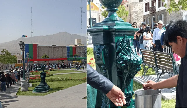 Largas colas se formaron en la plaza de armas de Moquegua para probar el pisco y vino de las piletas. Foto: Alexis Choque/La República