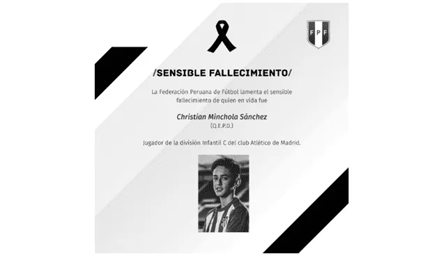 Christian Minchola: FPF envía condolencias a la familia del juvenil peruano del Atlético de Madrid.