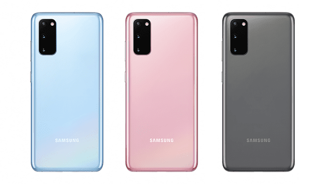 El Samsung Galaxy S20 está disponible en color Gris Cósmico, Azul Nube y Rosa Nube.