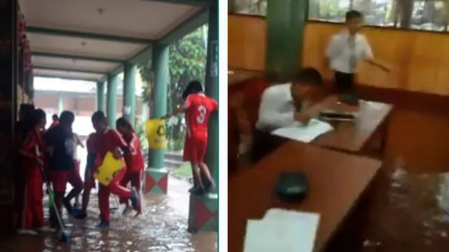 Cusco: Escolares estudiaron en el agua tras inundarse su colegio por lluvias intensas  [VIDEO]