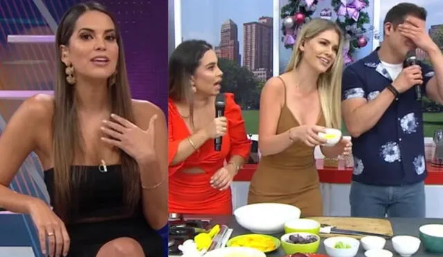 Valeria Piazza no pudo evitar reírse ante el fallido intento de Brunella Horna de preparar una ensalada navideña. Foto: Composición La República/Captura América TV