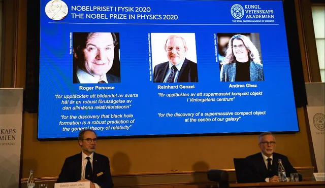 Los descubridores de agujeros negros Roger Penrose, Reinhard Genzel y Andrea Ghez recibieron el Premio Nobel de Física 2020. Fredrik Sandberg/EFE
