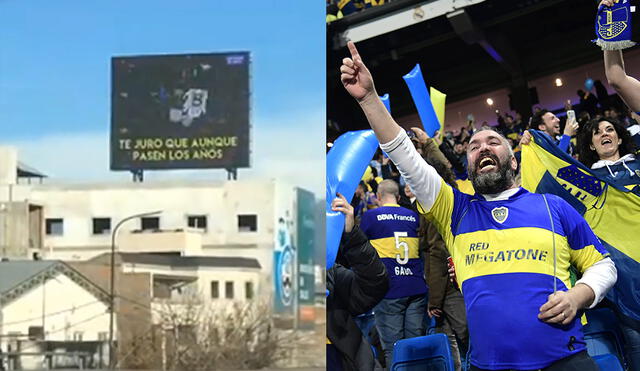 Los hinchas de Boca Juniors reprodujeron imágenes alusivas al descenso de River Plate en una pantalla publicitaria gigante. Composición: AFP/Captura de video.