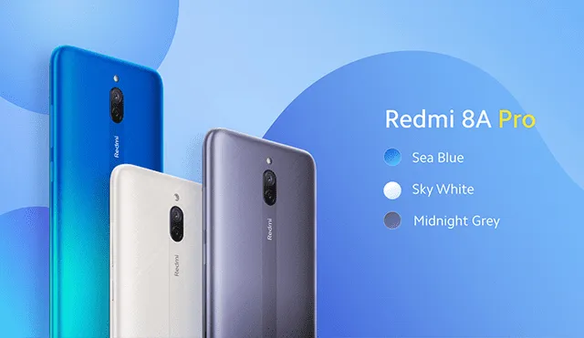 El Redmi 8A Pro está disponible en los colores Sky White (blanco), Sea Blue (azul) y Midnight Grey (gris)