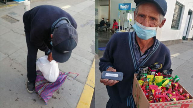 Adulto mayor se dedica a la venta de dulces en la calle Real, Huancayo. (Foto: Facebook Proyecto Munayki)