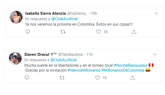 Alianza Lima: hinchas de Millonarios FC agradecen la invitación a la Noche Blanquiazul.