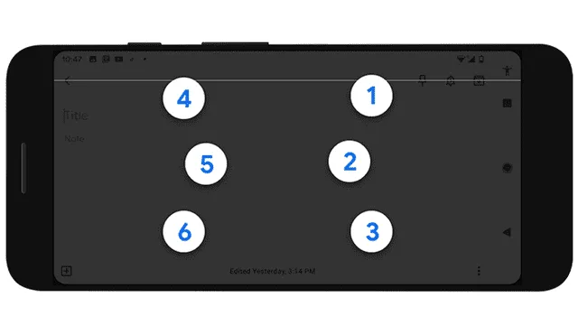 El teclado luce un diseño estándar de seis teclas, las cuales representan cada uno de los seis puntos del alfabeto Braille. | Foto: Google