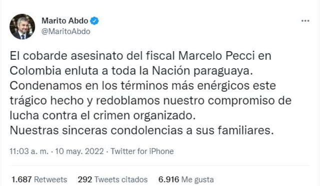 Presidente de Paraguay se pronuncia sobre el asesinato del fiscal Marcelo Pecci en Colombia. Foto: @MaritoAbdo/Twitter