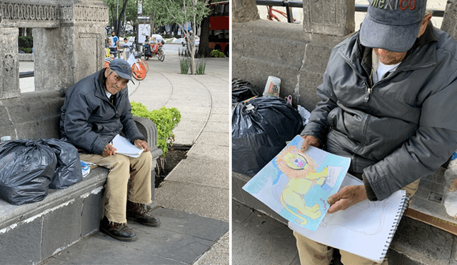 Un anciano sin hogar vende dibujos en la calle para sobrevivir. Foto: Twitter