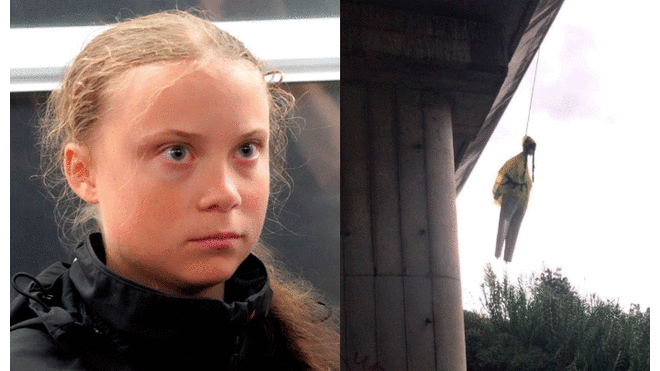 Cuelgan muñeco con rostro de Greta Thunberg en puente de Roma