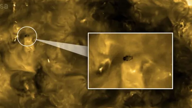 Silueta captada sobre la superficie del Sol en las imágenes tomadas por Solar Orbiter. Fuente: NASA/ESA.