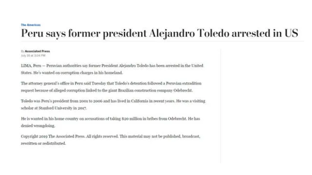 The New York Times: Peru says former president Alejandro Toledo arrested in US