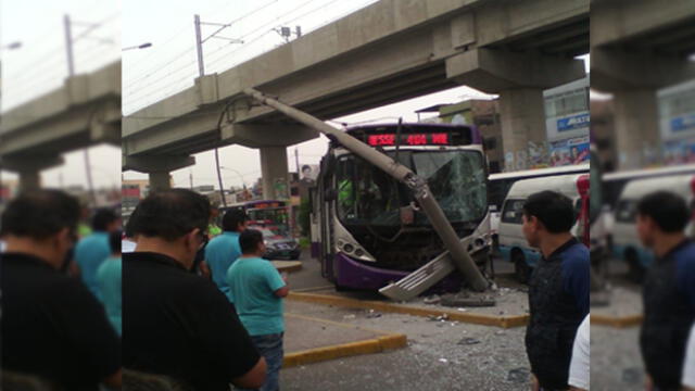 San Juan de Lurigancho: Bus del corredor morado choca contra poste al evitar una combi [VIDEO]