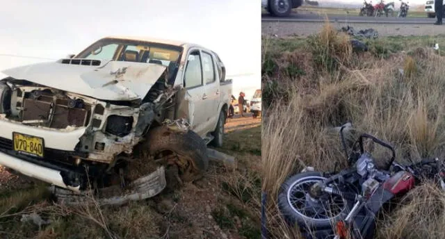 Padre e hijo mueren tras chocar su motocicleta contra camioneta en Puno.