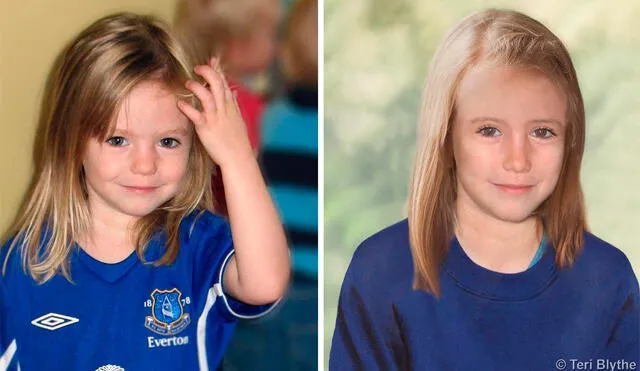 Madeleine McCann, en el momento de su desaparición con tres años, y recreación de la niña a los nueve años, hecha por la policía británica a través de una progresión informática. Foto: METROPOLITAN POLICE / TERI BLYTHE