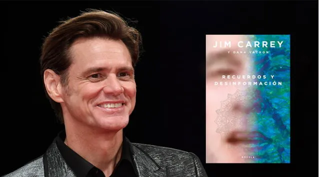 Actor Jim Carrey se estrenó como novelista. Junto a él, la  portada de su novela Recuerdos y desinformación.