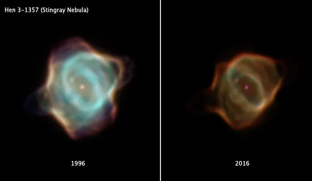 Imágenes capturadas por el Telescopio Hubble de la nebulosa Stingray en 1996 y 2016. Foto: NASA / ESA