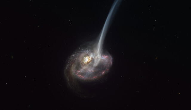 Ilustración de la galaxia que pierde su gas en una especie de cola después de chocar con otra. Foto: ESO