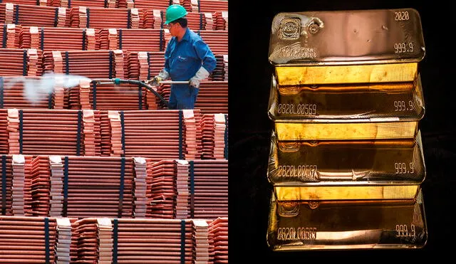 Las exportaciones de cobre alcanzaron los 1.477 millones de dólares en octubre, mientras que las del oro alcanzaron los 6.222 millones de dólares en el mismo periodo. Foto: composición LR, con imágenes de archivo y AFP.