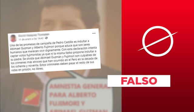 No, Pedro Castillo no promete el indulto a Abimael Guzmán y Alberto Fujimori en su campaña. Foto: plantilla de Verificador de La República / captura en Facebook.