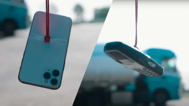 Para esta prueba de resistencia, el YouTuber usó un dron para elevar el iPhone 11 Pro junto al Nokia 3310 a 300 metros de altura. Foto captura: YouTube
