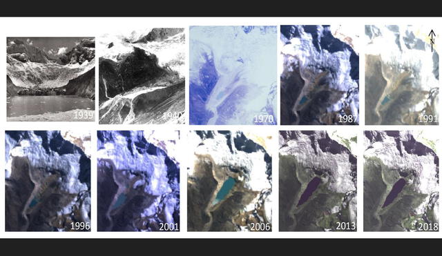 En estas fotos de diversos años se muestra cómo el lago Palpacocha creció mientras el glaciar seguía retrocediendo. Foto: Stuart-Smith et al./Nature Geoscience