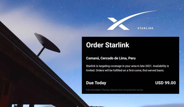 El servicio de internet Starlink llegará a Perú a fines de 2021, según señala la página de SpaceX, compañía de Elon Musk. Foto: ADSLZone/Starlink