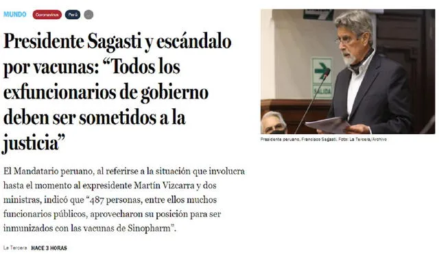 En Chile también se hicieron eco del Vacunagate que involucra al expresidente Martín Vizcarra y salpica al gabinete del actual mandatario, Francisco Sagasti. Foto: captura de pantalla