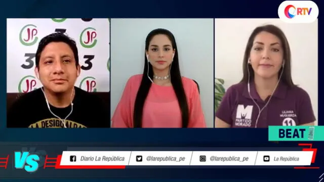 Liliana Muguerza del Partido Morado y Arturo Ayala de Juntos por el Perú debaten en #VersusElectoral. Foto: captura/RTV