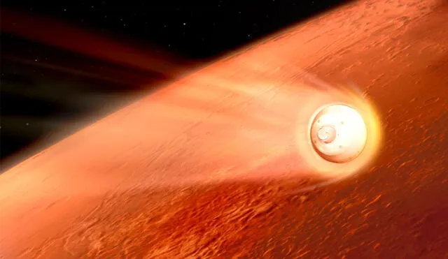 Representación artística de la nave que lleva al rover Perseverance entrando a Marte. Imagen: NASA
