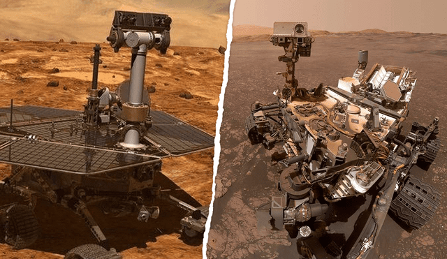 A la izquierda, el rover Spirit; a la derecha, el famoso selfie del robot Curiosity. Foto: Composición LR / NASA
