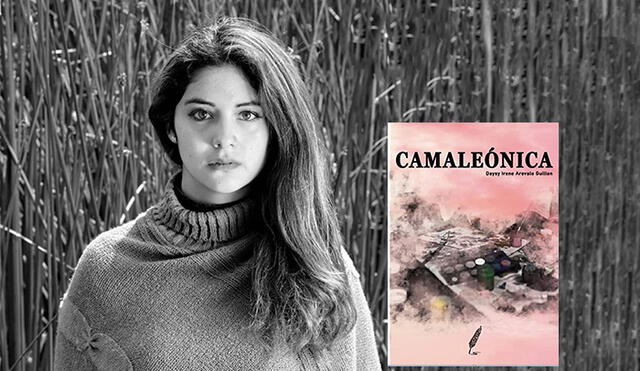 Joven escritora Daysy Irene Arévalo Guillén  junto a la portada de su primera novela "Camaleónica".