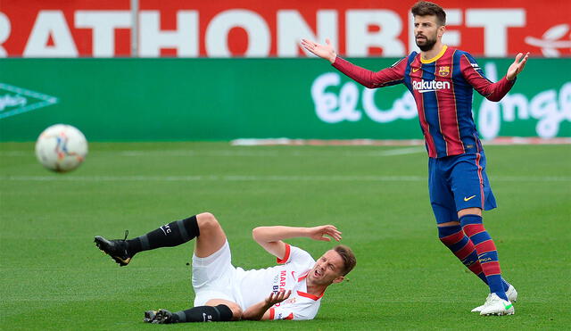 Gerard Piqué fue titular en el partido entre el FC Barcelona y Sevilla por la fecha 25 de LaLiga. Foto: AFP