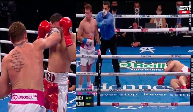 Saúl 'Canelo' Álvarez le dio un golpe de derecha a Avni Yildirim para retener sus cinturones de peso supermediano. Foto: captura de ESPN