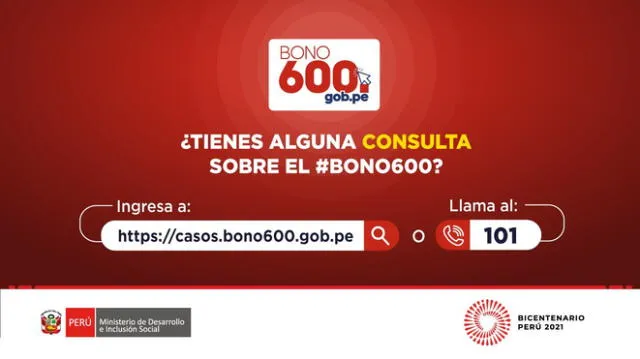 Web y número para realizar consultas y reclamos sobre el bono 600 soles. Foto: Midis/Twitter