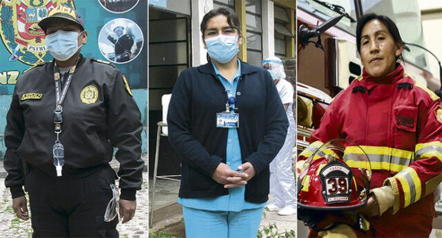 LABOR. La comandante Edith Espejo, la enfermera Elva Suárez y la bombero Nely Huamán han lucha casi un año al frente de la pandemia.