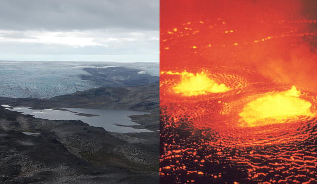 Izquierda: región de Groenlandia donde se halló evidencia química del océano de lava. Derecha: lava acumulada tras erupción de un volcán en Hawai. Fotos: Hanika Rizo/ JP Eaton